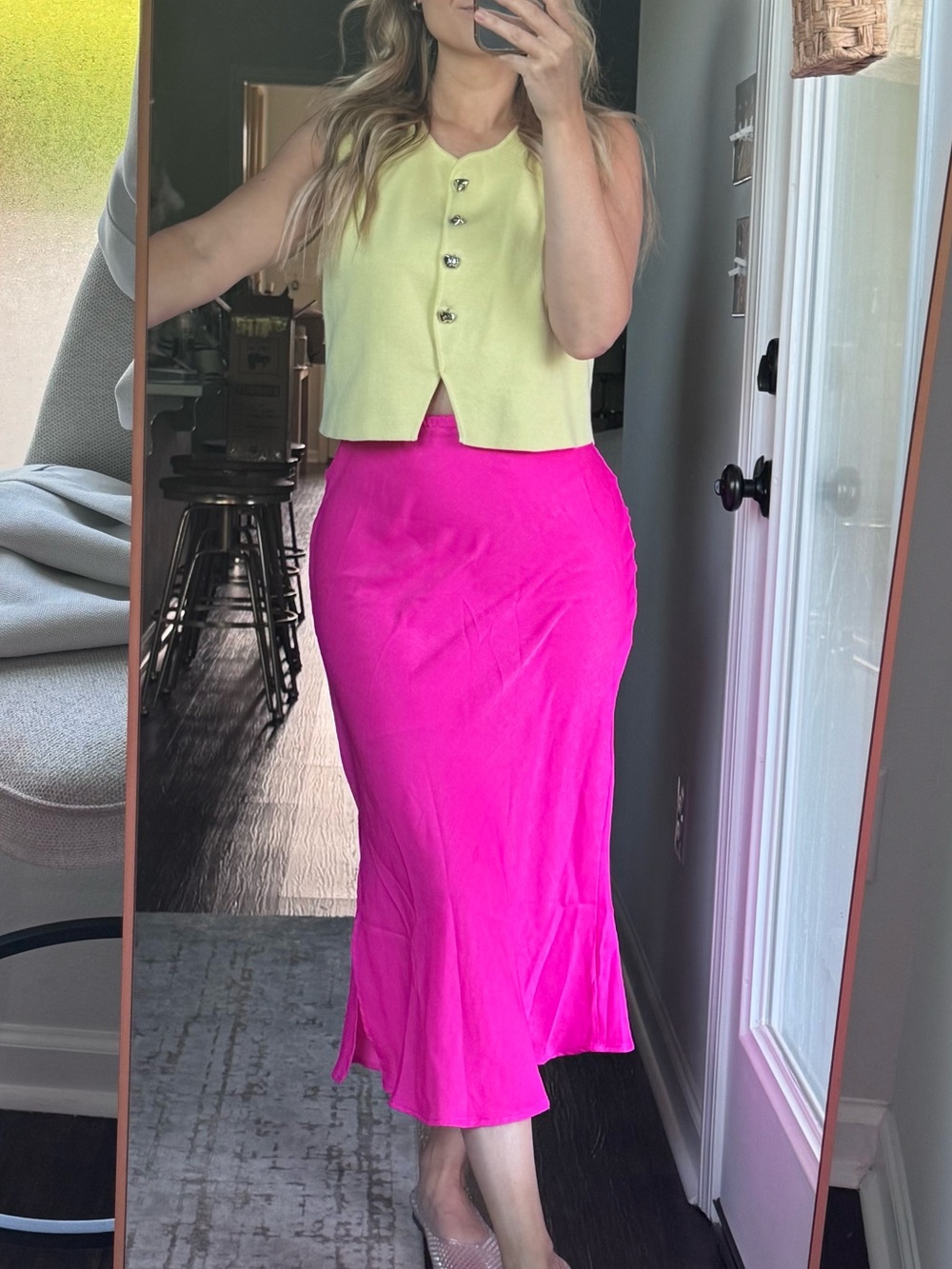 Neon Barbie Hot Pink Women's Satin Midi Slide Slit Skirt - Picture 16 of 16